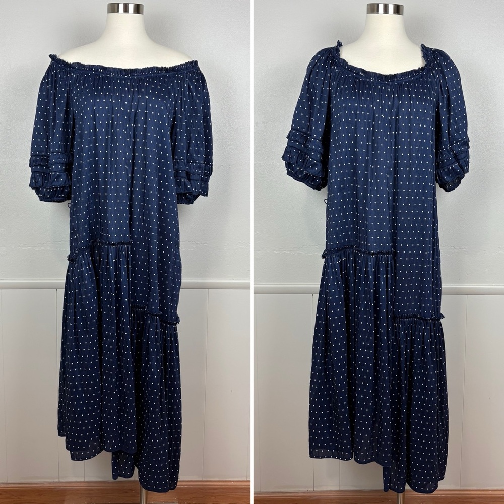 Apiece Apart Sandrine Midi Dress Size 10 Polka Dot Blue Tiered Silk Linen Blend